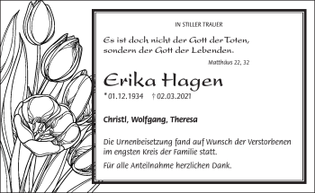 Traueranzeige von Erika Hagen von Frankenpost
