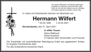 Traueranzeige von Hermann Wilfert von Frankenpost