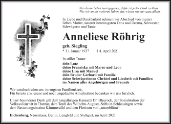 Traueranzeige von Anneliese Röhrig von Südthüringer Presse