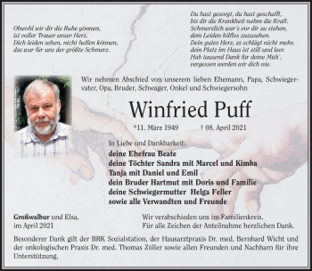 Traueranzeige von Winfried Puff von Südthüringer Presse