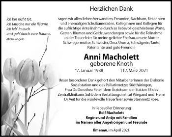 Traueranzeige von Anni Macholett von Südthüringer Presse
