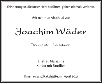 Traueranzeige von Joachim Wäder von Südthüringer Presse