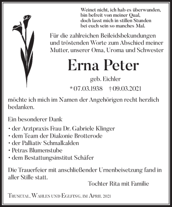 Traueranzeige von Erna Peter von Südthüringer Presse