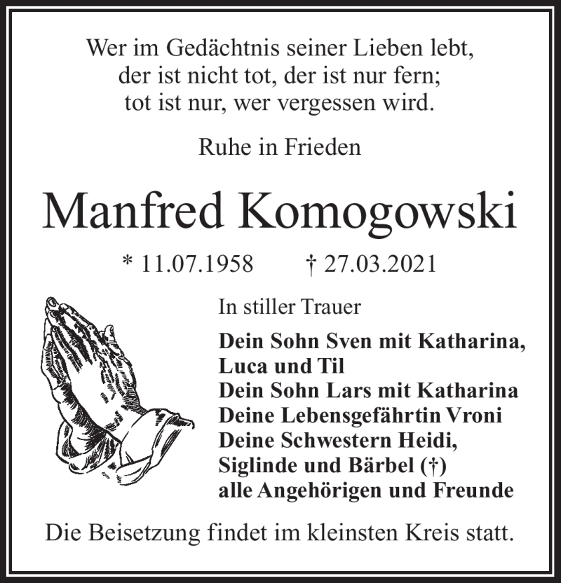  Traueranzeige für Manfred Komogowski vom 10.04.2021 aus Frankenpost