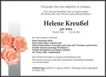 Traueranzeige von Helene Kreußel von Südthüringer Presse