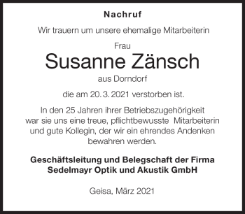 Traueranzeige von Susanne Zänsch von Südthüringer Presse