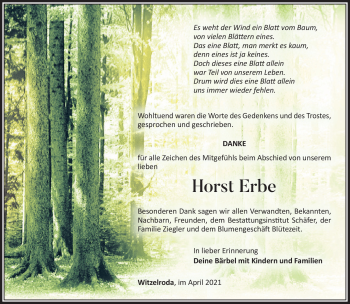 Traueranzeige von Horst Erbe von Südthüringer Presse