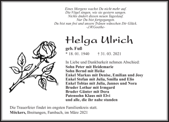 Traueranzeige von Helga Ulrich von Südthüringer Presse