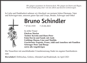 Traueranzeige von Bruno Schindler von Südthüringer Presse