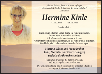 Traueranzeige von Hermine Kinle von Frankenpost