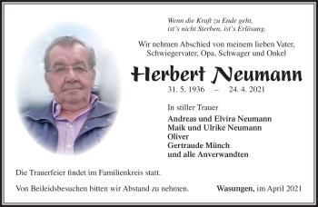 Traueranzeige von Herbert Neumann von Südthüringer Presse