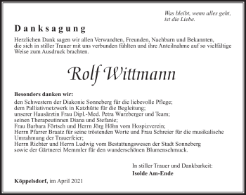 Traueranzeige von Rolf Wittmann von Südthüringer Presse