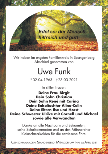 Traueranzeige von Uwe Funk von Südthüringer Presse