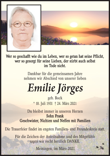 Traueranzeige von Emilie Jörges von Südthüringer Presse