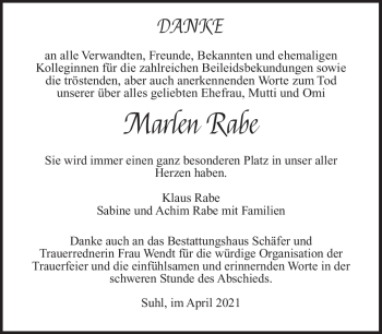 Traueranzeige von Marlen Rabe von Südthüringer Presse