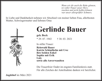 Traueranzeige von Gerlinde Bauer von Südthüringer Presse