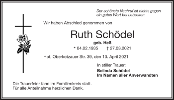 Traueranzeige von Ruth Schödel von Frankenpost