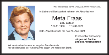 Traueranzeige von Meta Fraas von Frankenpost