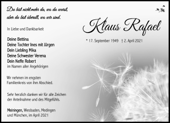 Traueranzeige von Klaus Rafael von Südthüringer Presse