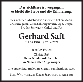 Traueranzeige von Gerhard Saft von Südthüringer Presse