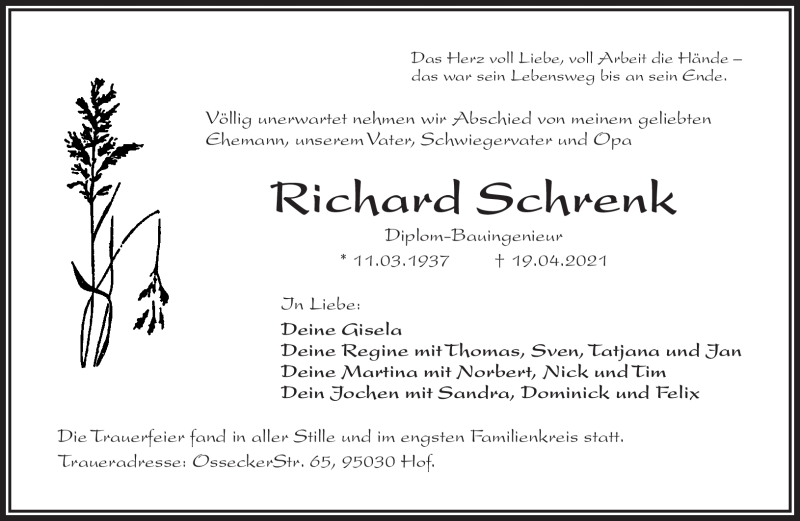  Traueranzeige für Richard Schrenk vom 24.04.2021 aus Frankenpost