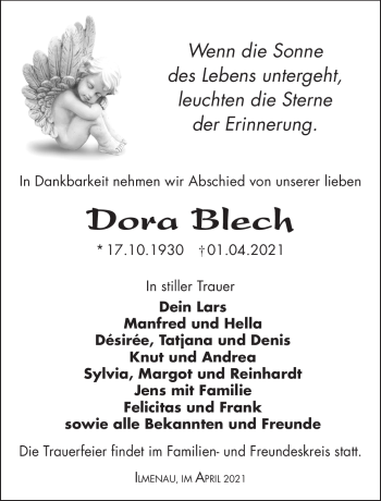 Traueranzeige von Dora Blech von Südthüringer Presse