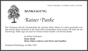 Traueranzeige von Rainer Panke von Südthüringer Presse