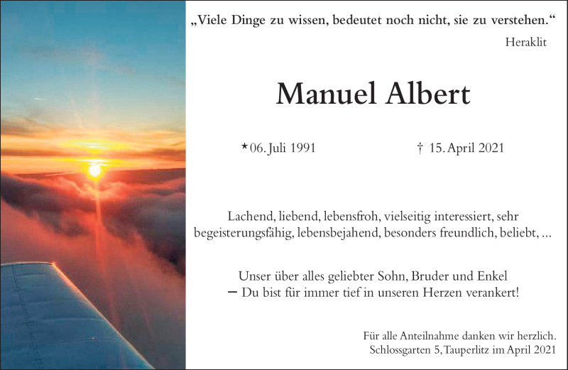  Traueranzeige für Manuel Albert vom 23.04.2021 aus Frankenpost