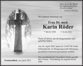 Traueranzeige von Karin Röder von Südthüringer Presse