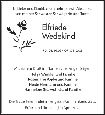 Traueranzeige von Elfriede Wendekind von Südthüringer Presse