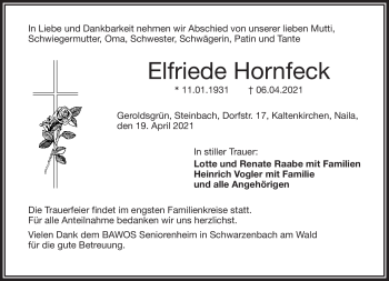 Traueranzeige von Elfriede Hornfeck von Frankenpost