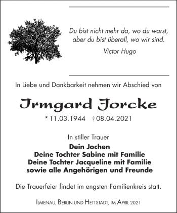 Traueranzeige von Irmgard Jorcke von Südthüringer Presse