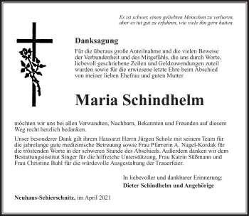 Traueranzeige von Maria Schindhelm von Südthüringer Presse
