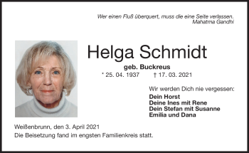 Traueranzeige von Helga Schmidt von Neue Presse Coburg