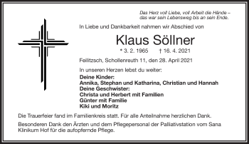 Traueranzeige von Klaus Söllner von Frankenpost