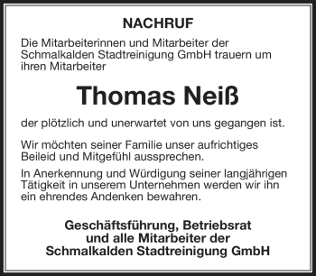 Traueranzeige von Thomas Neiß von Südthüringer Presse