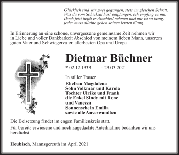 Traueranzeige von Dietmar Büchner von Südthüringer Presse