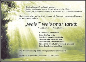 Traueranzeige von Waldemar Tarutt von Südthüringer Presse