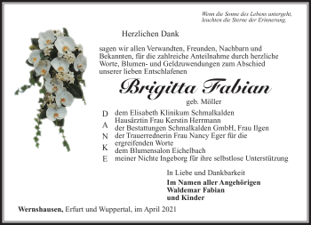 Traueranzeige von Brigitte Fabian von Südthüringer Presse