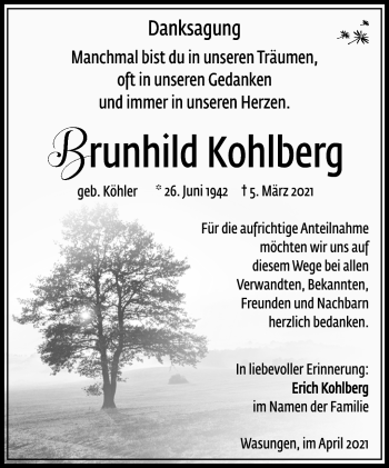 Traueranzeige von Brunhild Kohlberg von Südthüringer Presse