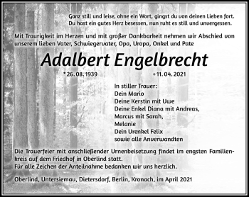 Traueranzeige von Adalbert Engelbrecht von Südthüringer Presse