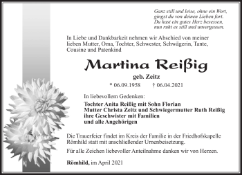 Traueranzeige von Martina Reißig von Südthüringer Presse