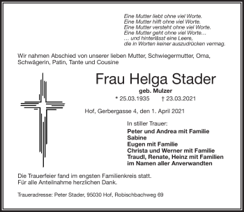Traueranzeige von Helga Stader von Frankenpost