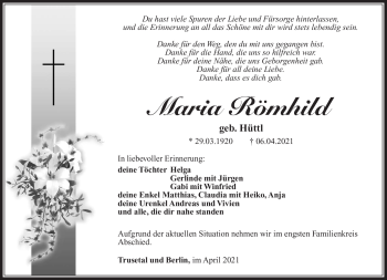 Traueranzeige von Maria Römhild von Südthüringer Presse
