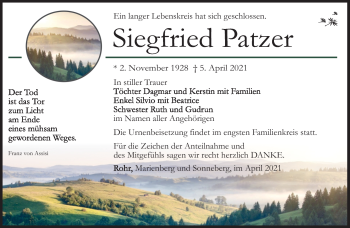 Traueranzeige von Siegfried Patzer von Südthüringer Presse