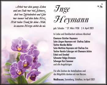 Traueranzeige von Inge Heymann von Südthüringer Presse