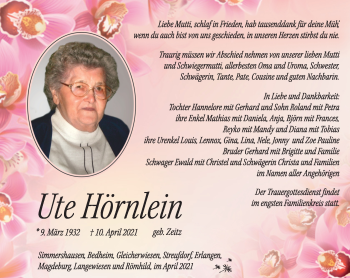 Traueranzeige von Ute Hörnlein von Südthüringer Presse