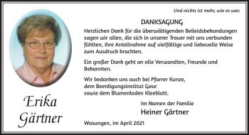 Traueranzeige von Erika Gärtner von Südthüringer Presse