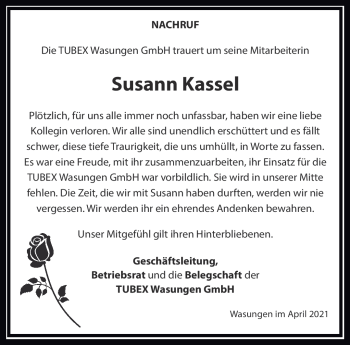 Traueranzeige von Susann Kassel von Südthüringer Presse