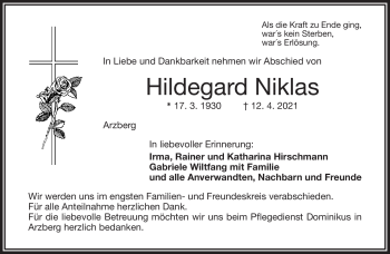 Traueranzeige von Hildegard Niklas von Frankenpost